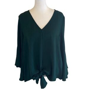 Bluivy Forest Green V-Neck Front Tie Waist Women's Top with Bell Sleeves. Size L